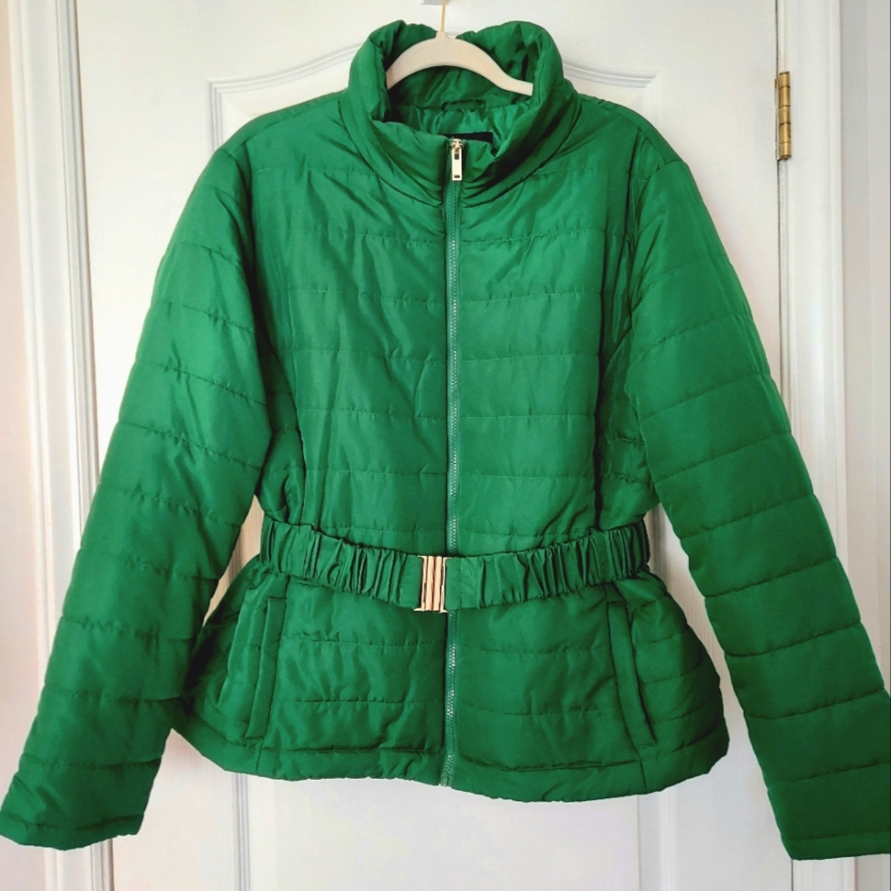 New York & Company, Green Puffer Jacket with Belt/Buckle,  Women's XL